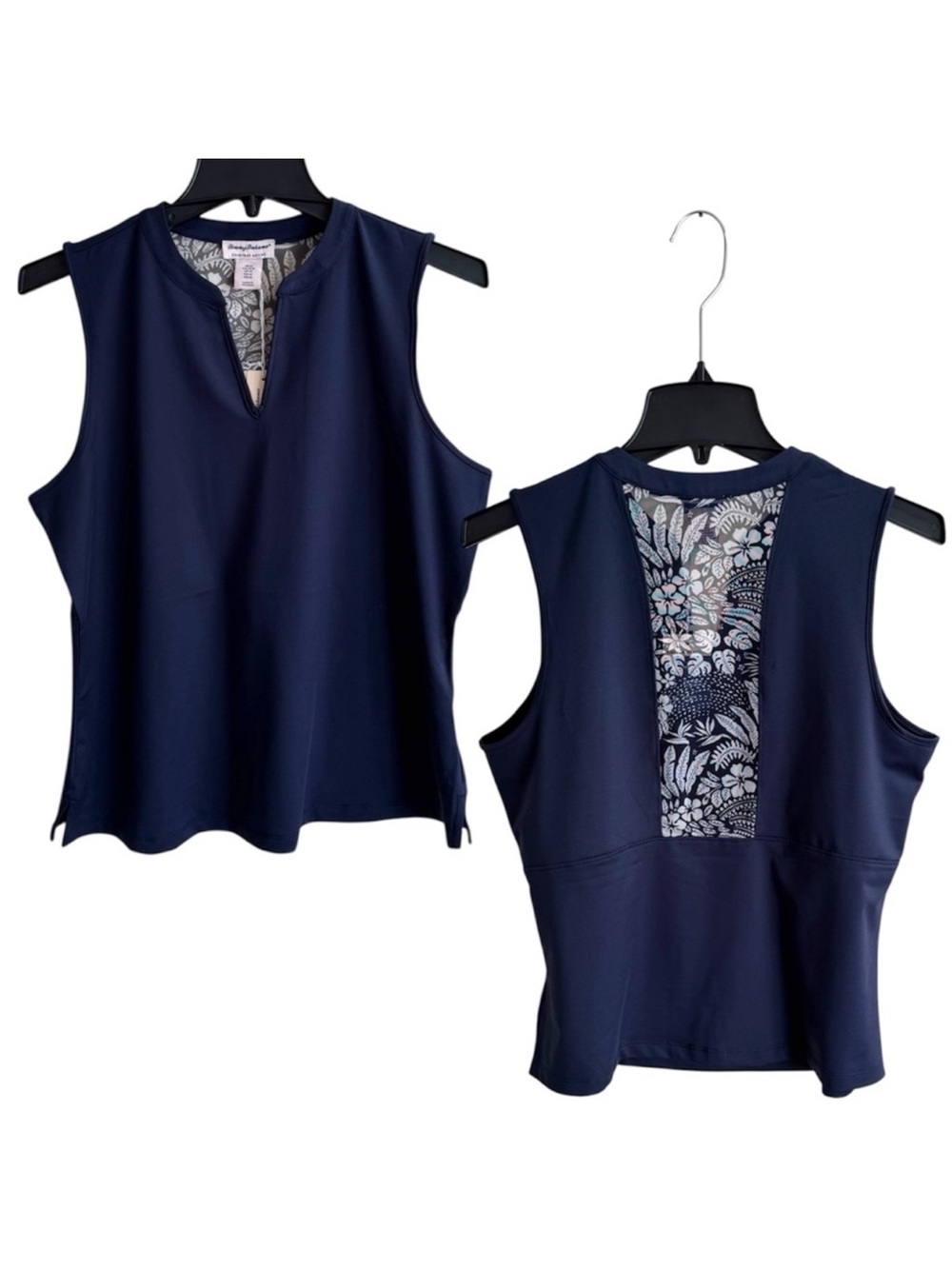 Tommy Bahama Navy Sleeveless Top with Back Mesh Floral Panel
